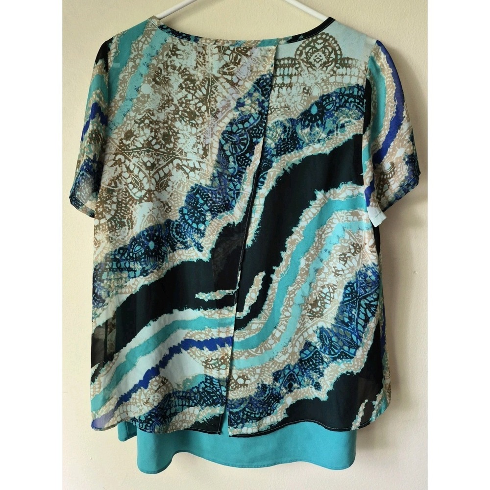 Dana Buchman Women's Short Sleeve Double‎ Layer Top Aqua/Black Round Neck Size L - Picture 2 of 7